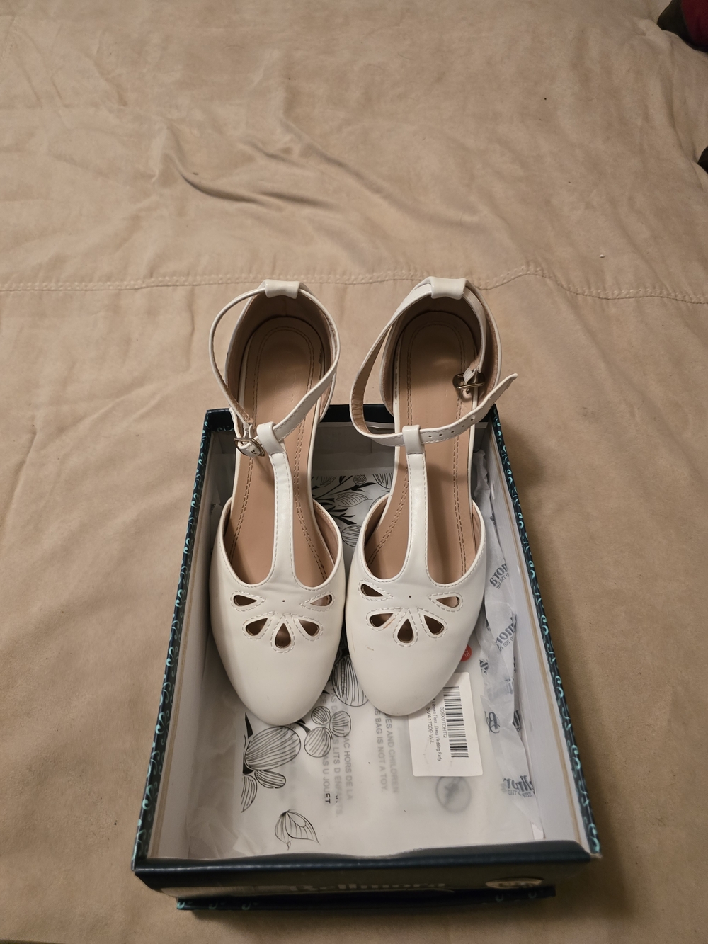 White T-Strap Cutout Heels for Women